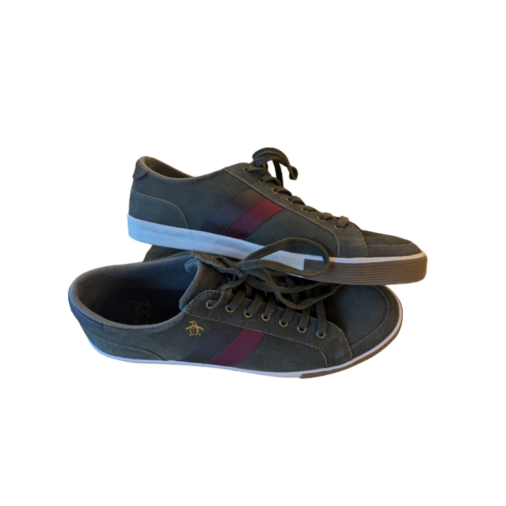 Original Penguin Men's Gray Suede Sneakers with Burgundy Stripe